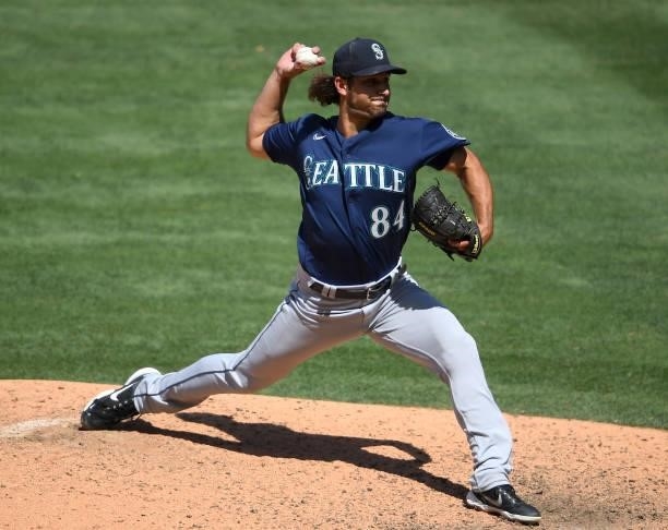 Chargois of the Seattle Mariners pitches in the game against the Los Angeles Angels at Angel Stadium of Anaheim on June 6, 2021 in Anaheim,...