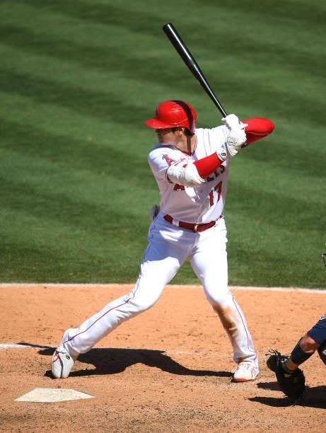 Shohei Ohtani of the Los Angeles Angels at bat in the game against the Seattle Mariners at Angel Stadium of Anaheim on June 6, 2021 in Anaheim,...