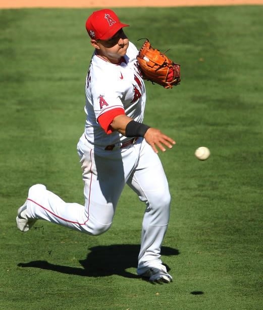 Jose Iglesias of the Los Angeles Angels makes a play in the game against the Seattle Mariners at Angel Stadium of Anaheim on June 6, 2021 in Anaheim,...