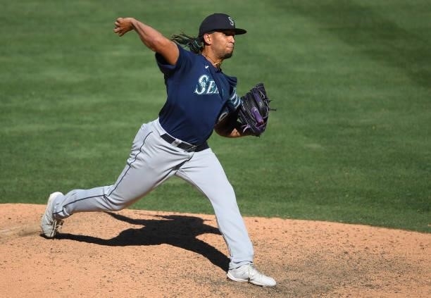 Keynan Middleton of the Seattle Mariners pitches in the game against the Los Angeles Angels at Angel Stadium of Anaheim on June 6, 2021 in Anaheim,...