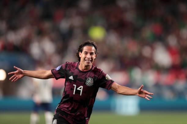 Diego Lainez of Mexico celebrates after scoring a goal during the CONCACAF Nations League Championship Final between the United States and Mexico at...