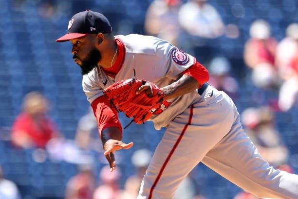 Wander Suero of the Washington Nationals in action against the Philadelphia Phillies during a game at Citizens Bank Park on June 6, 2021 in...