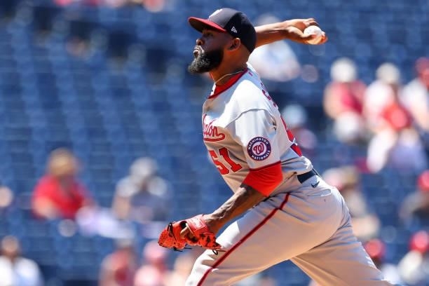 Wander Suero of the Washington Nationals in action against the Philadelphia Phillies during a game at Citizens Bank Park on June 6, 2021 in...