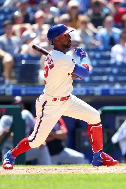 Andrew McCutchen of the Philadelphia Phillies in action during a game against the Washington Nationals at Citizens Bank Park on June 6, 2021 in...