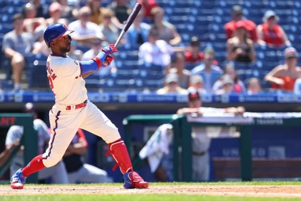 Andrew McCutchen of the Philadelphia Phillies in action during a game against the Washington Nationals at Citizens Bank Park on June 6, 2021 in...