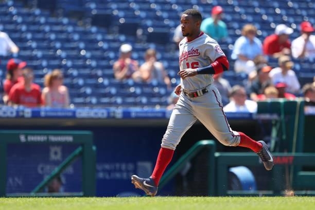 Victor Robles of the Washington Nationals scores against the Philadelphia Phillies during a game at Citizens Bank Park on June 6, 2021 in...