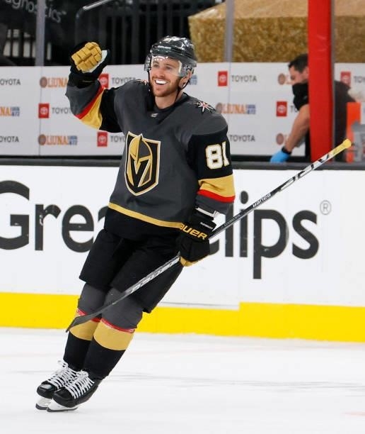 Jonathan Marchessault of the Vegas Golden Knights skates on the ice after being named the first star of the game following the team's 5-1 victory...