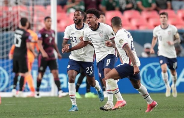 Weston McKennie of the United States celebrates after scoring a goal during the CONCACAF Nations League Championship Final between the United States...