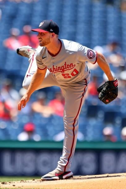 Austin Voth of the Washington Nationals in action against the Philadelphia Phillies during a game at Citizens Bank Park on June 6, 2021 in...