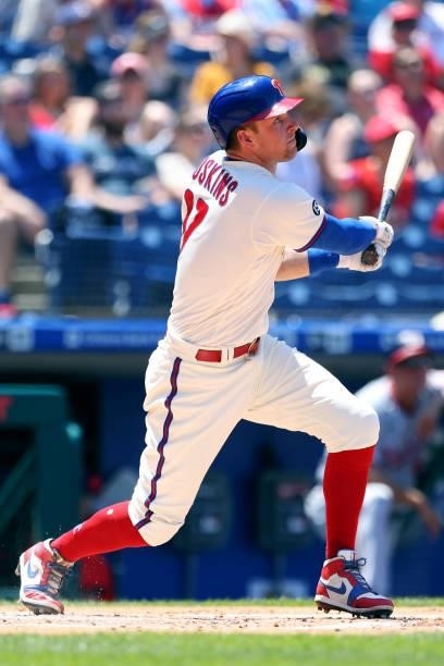 Rhys Hoskins of the Philadelphia Phillies in action against the Washington Nationals during a game at Citizens Bank Park on June 6, 2021 in...