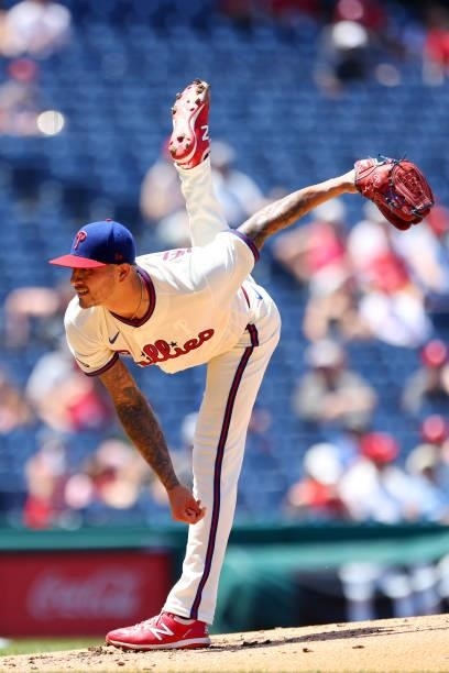 Vince Velasquez of the Philadelphia Phillies in action against the Washington Nationals during a game at Citizens Bank Park on June 6, 2021 in...