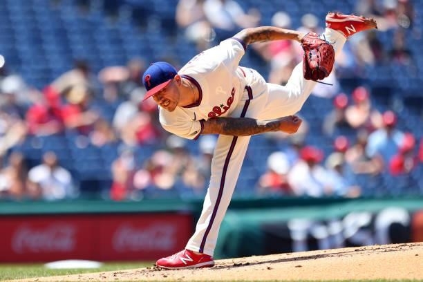 Vince Velasquez of the Philadelphia Phillies in action against the Washington Nationals during a game at Citizens Bank Park on June 6, 2021 in...