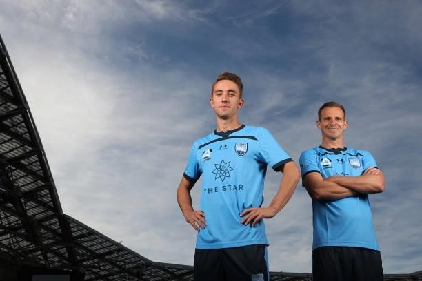 Alex Wilkinson and Joel King of Sydney FC pose during the 2021 A-League Finals Launch at Stadium Australia on June 07, 2021 in Sydney, Australia.