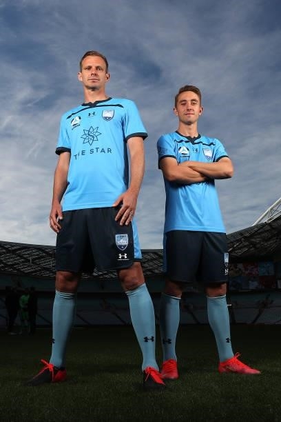 Alex Wilkinson and Joel King of Sydney FC pose during the 2021 A-League Finals Launch at Stadium Australia on June 07, 2021 in Sydney, Australia.