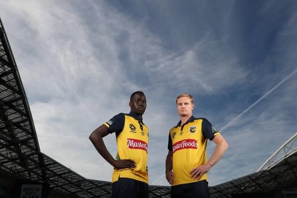 Matt Simon and Alou Kuol of Central Coast Mariners pose during the 2021 A-League Finals Launch at Stadium Australia on June 07, 2021 in Sydney,...