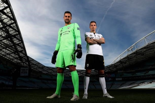 Adam Federici and Matt Derbyshire of Macarthur FC pose during the 2021 A-League Finals Launch at Stadium Australia on June 07, 2021 in Sydney,...