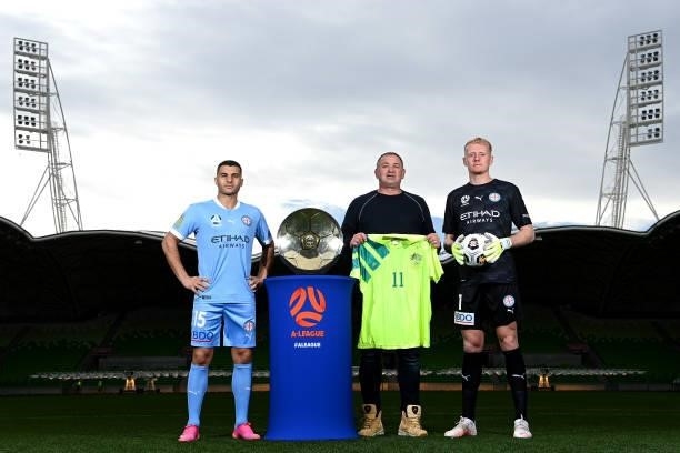 Andrew Nabbout of Melbourne City, former Socceroo and Olympian John Markovski and Tom Glover of Melbourne City pose during the 2021 A-League Finals...
