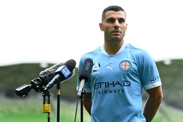 Andrew Nabbout of Melbourne City speaks to the media during the 2021 A-League Finals Launch at AAMI Park on June 07, 2021 in Melbourne, Australia.