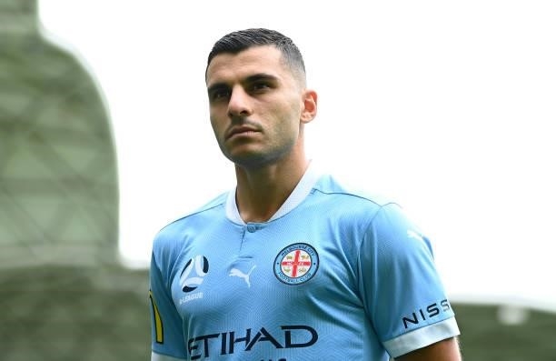 Andrew Nabbout of Melbourne City speaks to the media during the 2021 A-League Finals Launch at AAMI Park on June 07, 2021 in Melbourne, Australia.