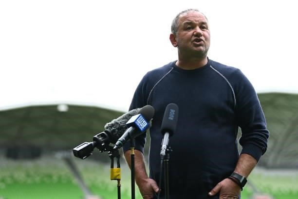 Former Socceroo and Olympian John Markovski speaks to the media during the 2021 A-League Finals Launch at AAMI Park on June 07, 2021 in Melbourne,...