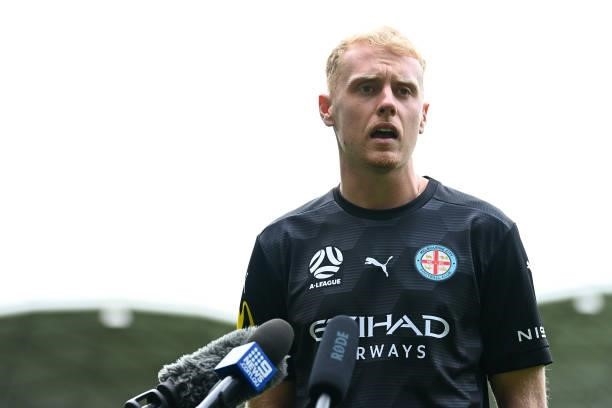 Tom Glover of Melbourne City speaks to the media during the 2021 A-League Finals Launch at AAMI Park on June 07, 2021 in Melbourne, Australia.