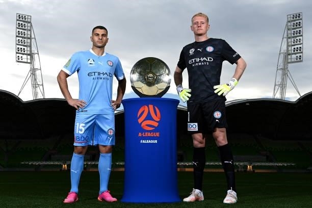 Andrew Nabbout and Tom Glover of Melbourne City pose during the 2021 A-League Finals Launch at AAMI Park on June 07, 2021 in Melbourne, Australia.