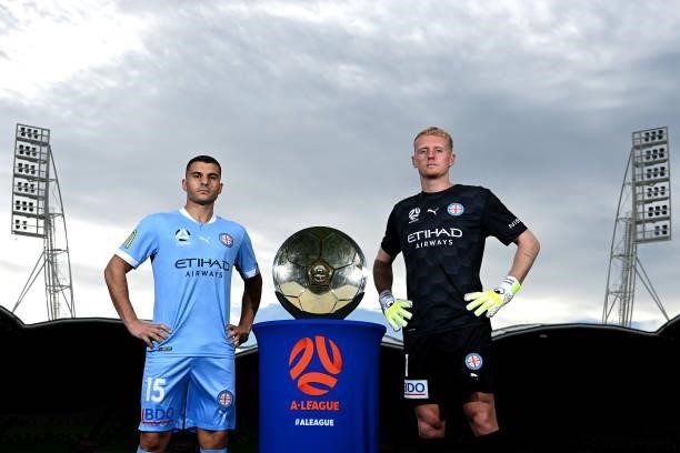 Andrew Nabbout and Tom Glover of Melbourne City pose during the 2021 A-League Finals Launch at AAMI Park on June 07, 2021 in Melbourne, Australia.