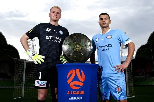 Tom Glover and Andrew Nabbout of Melbourne City pose during the 2021 A-League Finals Launch at AAMI Park on June 07, 2021 in Melbourne, Australia.