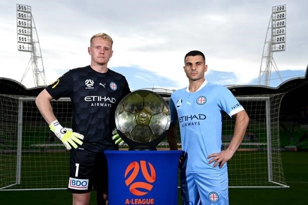 Tom Glover and Andrew Nabbout of Melbourne City pose during the 2021 A-League Finals Launch at AAMI Park on June 07, 2021 in Melbourne, Australia.