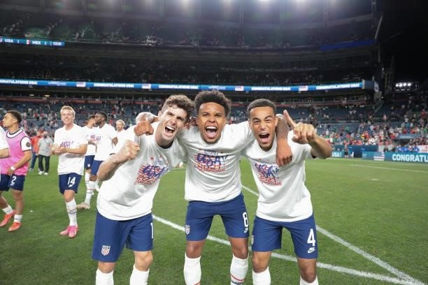 Christian Pulisic, Weston McKennie and Tyler Adams of the United States celebrate their win over Mexico in the CONCACAF Nations League Championship...