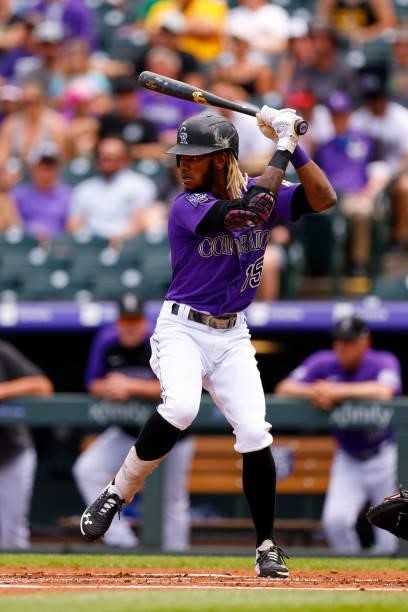 Raimel Tapia of the Colorado Rockies bats during the first inning against the Oakland Athletics at Coors Field on June 6, 2021 in Denver, Colorado.