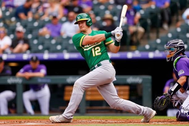 Sean Murphy of the Oakland Athletics bats during the first inning against the Colorado Rockies at Coors Field on June 6, 2021 in Denver, Colorado.