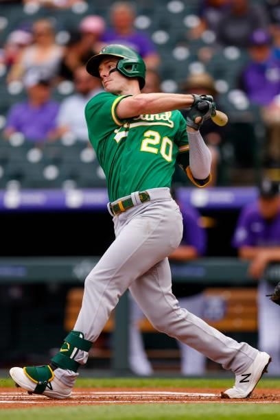 Mark Canha of the Oakland Athletics bats during the first inning against the Colorado Rockies at Coors Field on June 6, 2021 in Denver, Colorado.