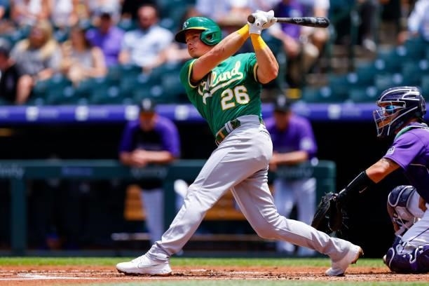 Matt Chapman of the Oakland Athletics bats during the second inning against the Colorado Rockies at Coors Field on June 6, 2021 in Denver, Colorado.
