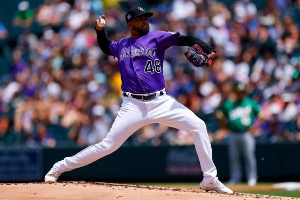 German Marquez of the Colorado Rockies pitches during the second inning against the Oakland Athletics at Coors Field on June 6, 2021 in Denver,...