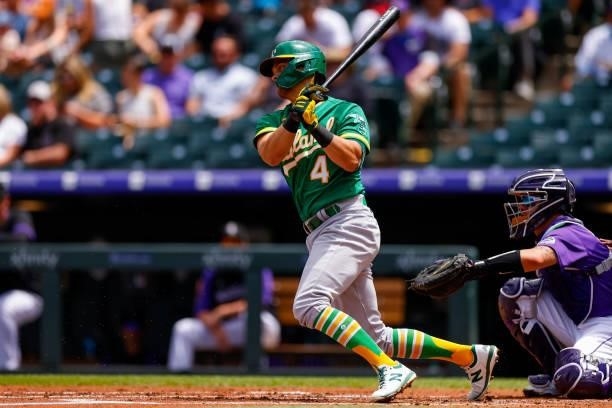 Chad Pinder of the Oakland Athletics bats during the second inning against the Colorado Rockies at Coors Field on June 6, 2021 in Denver, Colorado.