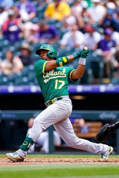 Elvis Andrus of the Oakland Athletics bats during the third inning against the Colorado Rockies at Coors Field on June 6, 2021 in Denver, Colorado.