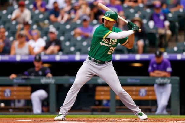 Matt Olson of the Oakland Athletics bats during the first inning against the Colorado Rockies at Coors Field on June 6, 2021 in Denver, Colorado.