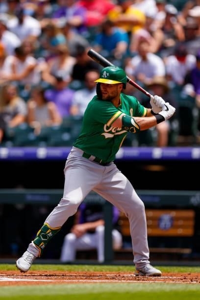 Seth Brown of the Oakland Athletics bats during the second inning against the Colorado Rockies at Coors Field on June 6, 2021 in Denver, Colorado.