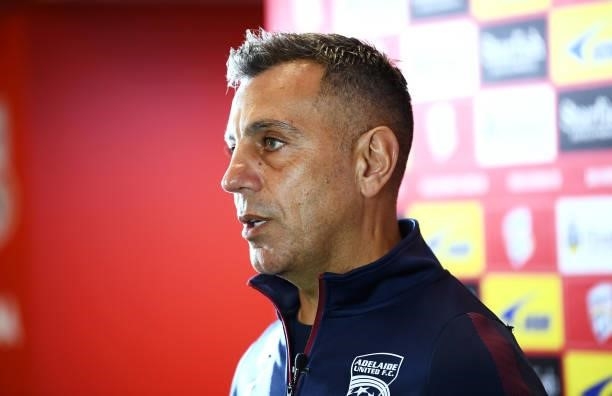 Ross Aloisi speaks to media during the 2021 A-League Finals Launch at Coopers Stadium on June 07, 2021 in Adelaide, Australia.