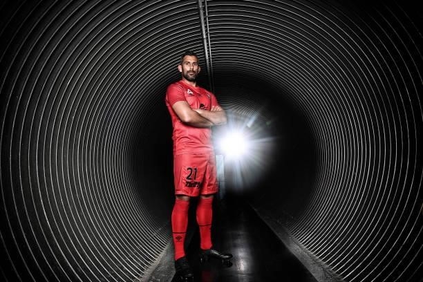 Jamie Young of the Brisbane Roar poses fore a photo during the 2021 A-League Finals Launch at Moreton Daily Stadium on June 07, 2021 in Brisbane,...