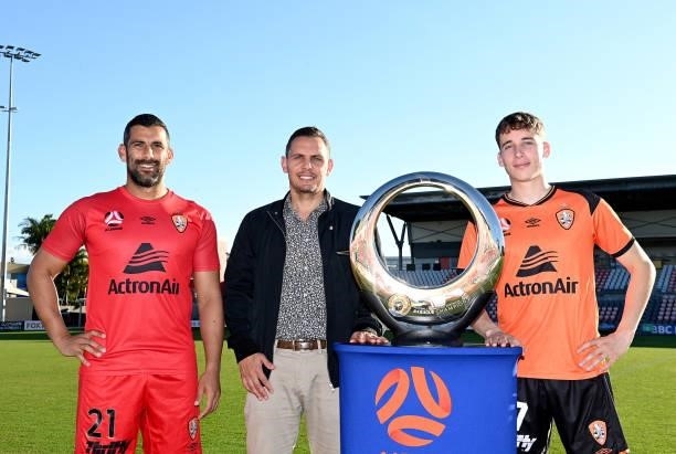 Jamie Young, Jade North and Kai Trewin of the Brisbane Roar pose fore a photo during the 2021 A-League Finals Launch at Moreton Daily Stadium on June...