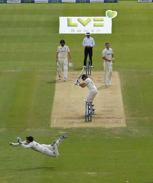 Watling of New Zealand dives to take a ball bowled by Tim Southee during Day 5 of the First LV= Insurance Test match between England and New Zealand...