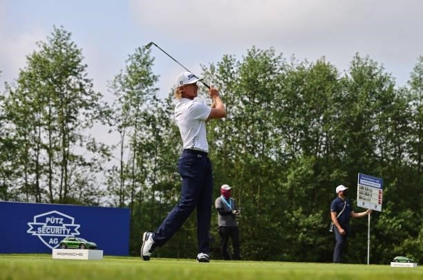 Maverick Antcliff of Australia tees off on the 7th hole during Day Three of The Porsche European Open at Green Eagle Golf Course on June 07, 2021 in...