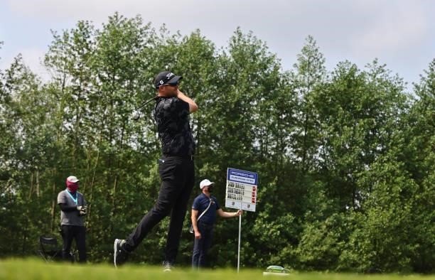 Matthew Southgate of England tees off on the 7th hole during Day Three of The Porsche European Open at Green Eagle Golf Course on June 07, 2021 in...