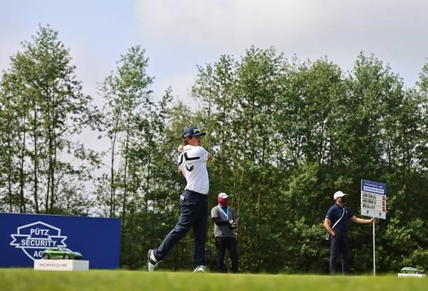 Darius van Driel of Netherlands tees off on the 7th hole during Day Three of The Porsche European Open at Green Eagle Golf Course on June 07, 2021 in...