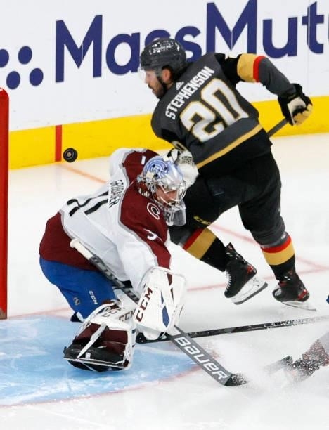 Philipp Grubauer of the Colorado Avalanche blocks a shot by Chandler Stephenson of the Vegas Golden Knights in the first period in Game Four of the...