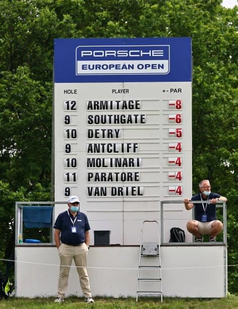 General view of a leaderboard during Day Three of The Porsche European Open at Green Eagle Golf Course on June 07, 2021 in Hamburg, Germany.