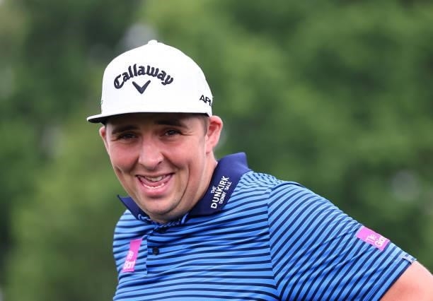 Marcus Armitage of England reacts on the 13th hole during Day Three of The Porsche European Open at Green Eagle Golf Course on June 07, 2021 in...