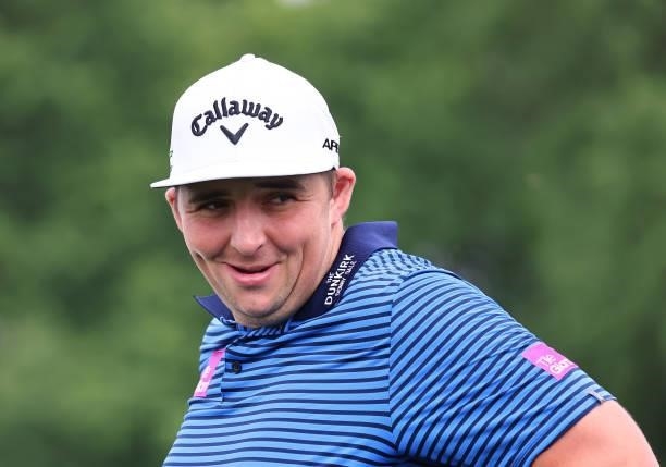 Marcus Armitage of England reacts on the 13th hole during Day Three of The Porsche European Open at Green Eagle Golf Course on June 07, 2021 in...
